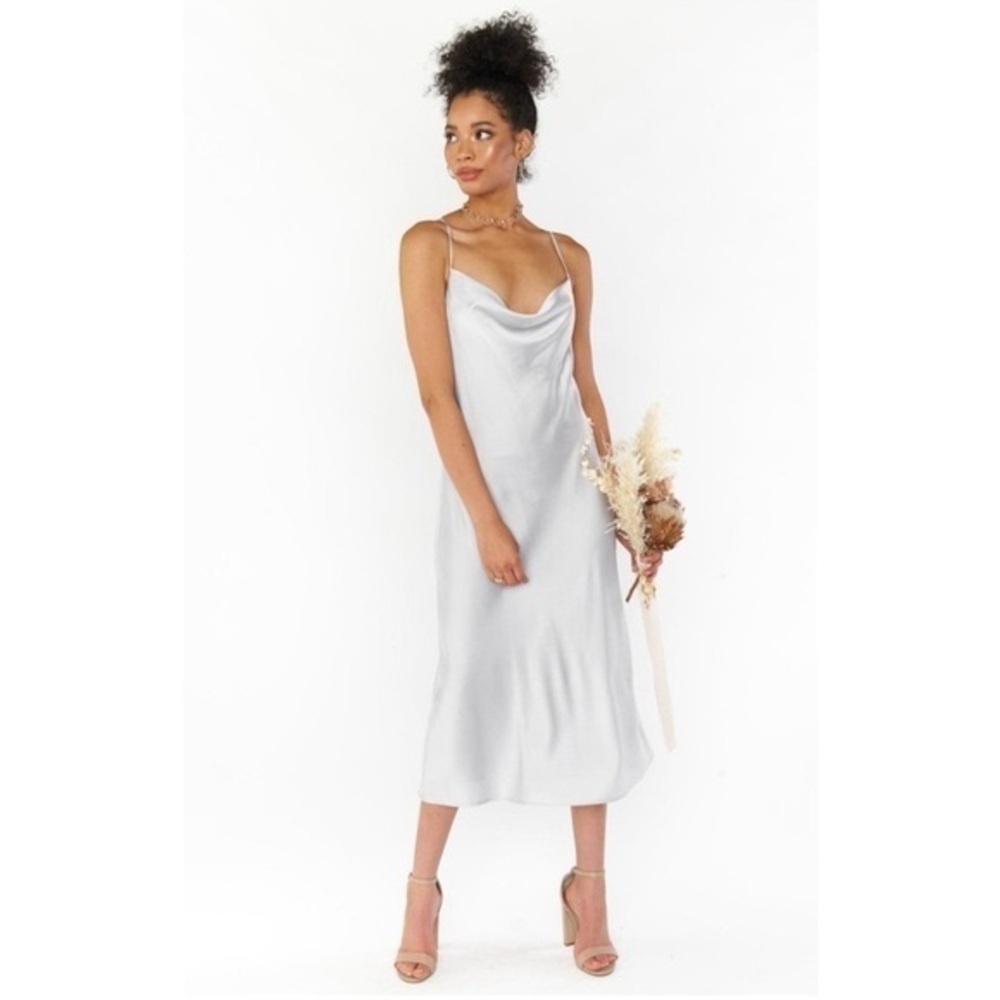 Show Me Your Mumu Verona Cowl Neck Dress in Silver Luxe Satin
